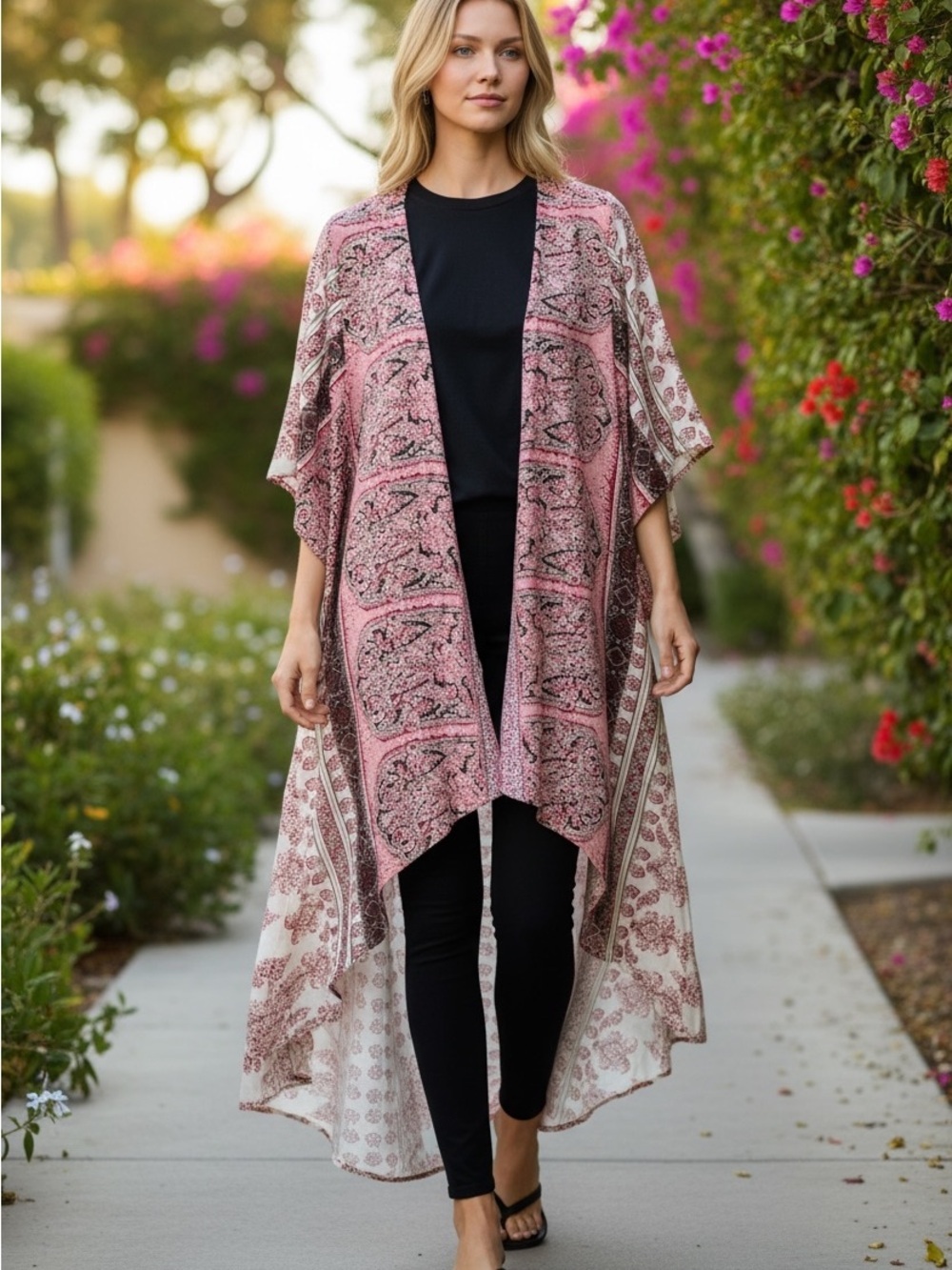 Band of Gypsies Floral Boho High/Low Duster Oversized Small Pink Cream Rust